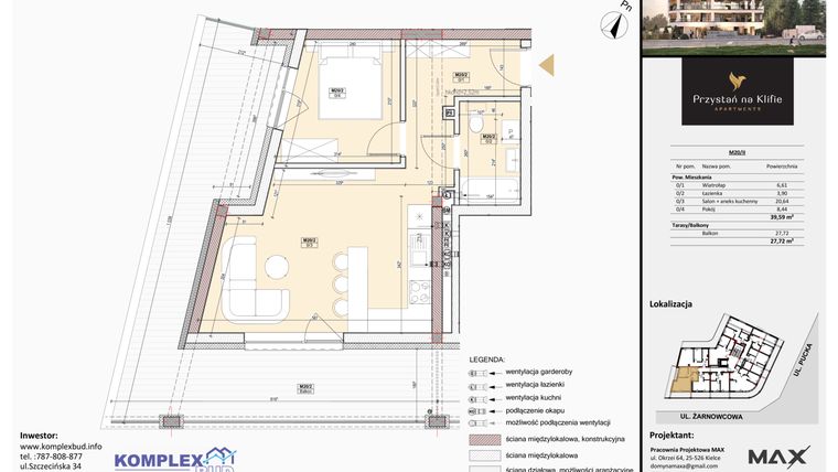Rzut - Mieszkanie na sprzedaż 2 pokoje o powierzchni 39,57 m² - numer M20 w Przystań na Klifie