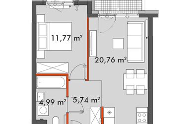 Rzut - Mieszkanie na sprzedaż 2 pokoje o powierzchni 43,26 m² - numer F1.A.05.03 w Splot Wola