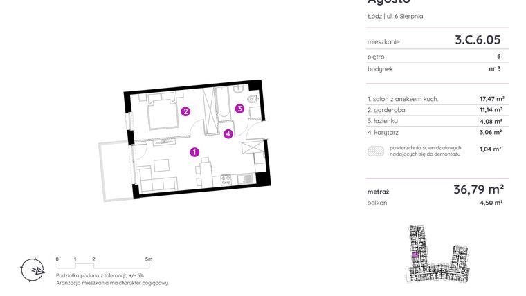 Rzut - Mieszkanie na sprzedaż 1 pokój o powierzchni 36,79 m² - numer 3.C.6.05 w Murapol Agosto