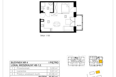 Rzut - Mieszkanie na sprzedaż 1 pokój o powierzchni 30,64 m² - numer 4B-1.2 w Gardenia Pogodno