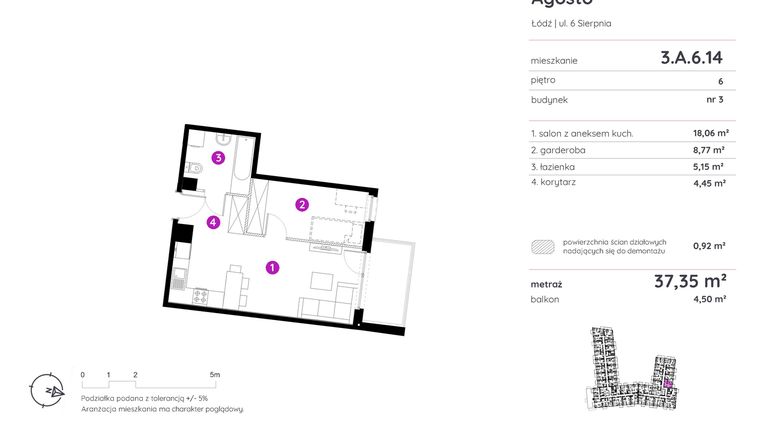 Rzut - Mieszkanie na sprzedaż 1 pokój o powierzchni 37,53 m² - numer 3.A.6.14 w Murapol Agosto