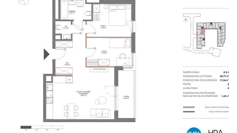 Rzut - Mieszkanie na sprzedaż 3 pokoje o powierzchni 71,24 m² - numer E.3.1 w Łopuszańska 47 - etap 2