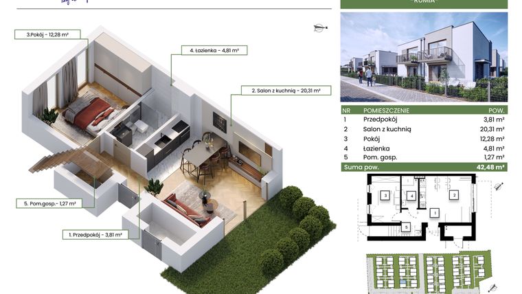 Rzut - Mieszkanie na sprzedaż 2 pokoje o powierzchni 42,48 m² - numer 17B w Rumia Osiedle Zielone Zacisze