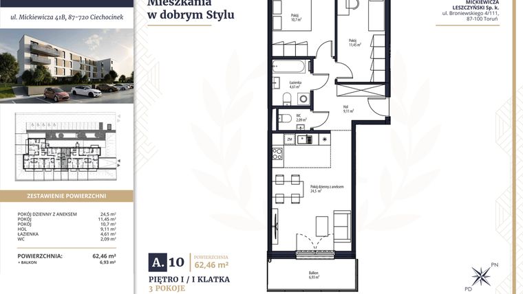 Rzut - Mieszkanie na sprzedaż 3 pokoje o powierzchni 62,46 m² - numer A10 w Mickiewicza