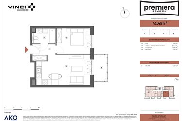 Rzut - Mieszkanie na sprzedaż 2 pokoje o powierzchni 41,48 m² - numer C.07 w Premiera Bemowo