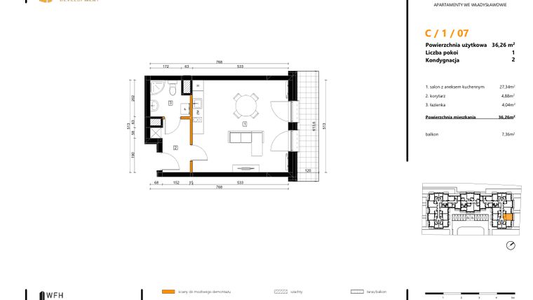 Rzut - Mieszkanie na sprzedaż 1 pokój o powierzchni 36,26 m² - numer C.1.07 w SPOT