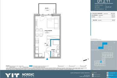 Rzut - Mieszkanie na sprzedaż 1 pokój o powierzchni 31,21 m² - numer D1.2.11 w Nordic Bemowo - etap IV