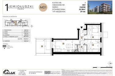 Rzut - Mieszkanie na sprzedaż 3 pokoje o powierzchni 55,38 m² - numer M01 w Jemiołuszki Park