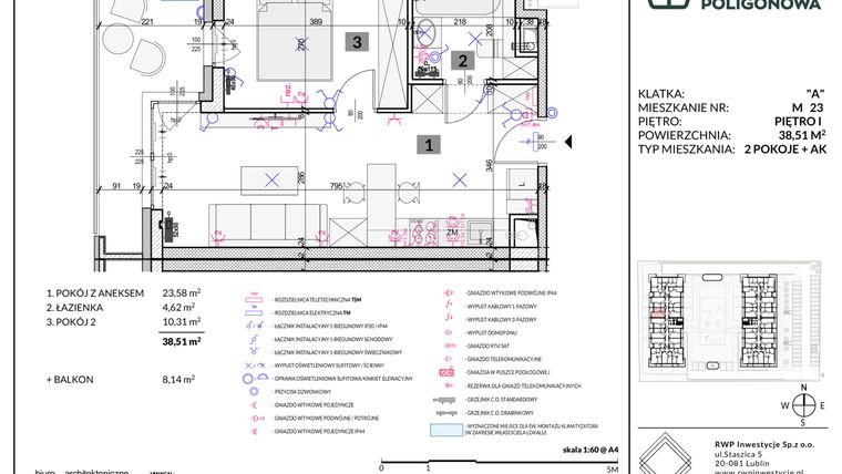 Rzut - Mieszkanie na sprzedaż 2 pokoje o powierzchni 38,51 m² - numer 23 w Apartamenty Poligonowa etap 5