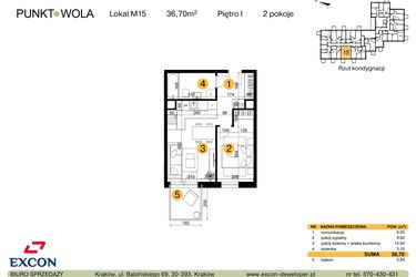 Rzut - Mieszkanie na sprzedaż 2 pokoje o powierzchni 36,7 m² - numer M15 w Punkt Wola
