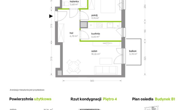 Rzut - Mieszkanie na sprzedaż 2 pokoje o powierzchni 45,2 m² - numer B1/4/A22 w Bemowo Vita