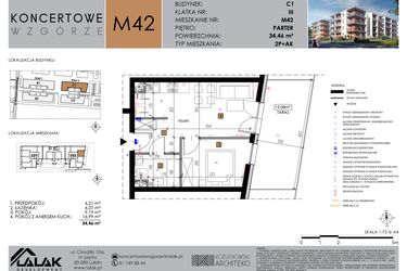 Rzut - Mieszkanie na sprzedaż 2 pokoje o powierzchni 34,46 m² - numer C1_M42/P w Koncertowe Wzgórze etap II