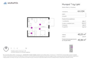 Rzut - Mieszkanie na sprzedaż 2 pokoje o powierzchni 40,38 m² - numer 4.A.1.04 w Murapol Trzy Lipki