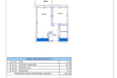 Rzut - Mieszkanie na sprzedaż 2 pokoje o powierzchni 30,78 m² - numer B.15 w Gaja Park