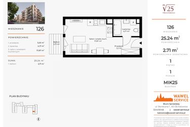 Rzut - Mieszkanie na sprzedaż 1 pokój o powierzchni 25,24 m² - numer 126 w Mikusińskiego 25