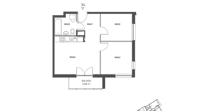 Rzut - Mieszkanie na sprzedaż 3 pokoje o powierzchni 50,41 m² - numer 34 w Wzgórze Krzemionki II