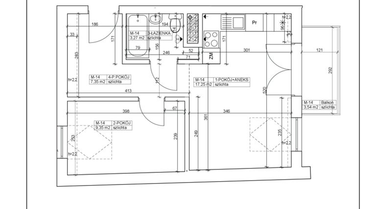 Rzut - Mieszkanie na sprzedaż 2 pokoje o powierzchni 37,22 m² - numer 14 w Bydgoska 19