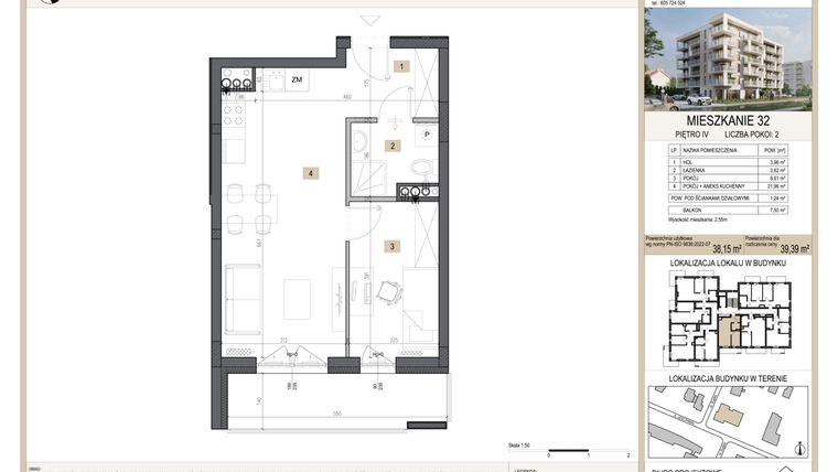 Rzut - Mieszkanie na sprzedaż 2 pokoje o powierzchni 39,39 m² - numer M32 w Nova Leszczyńska