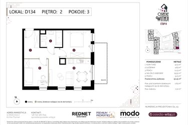 Rzut - Mieszkanie na sprzedaż 3 pokoje o powierzchni 51,08 m² - numer D134 w Osiedle Witaj etap II