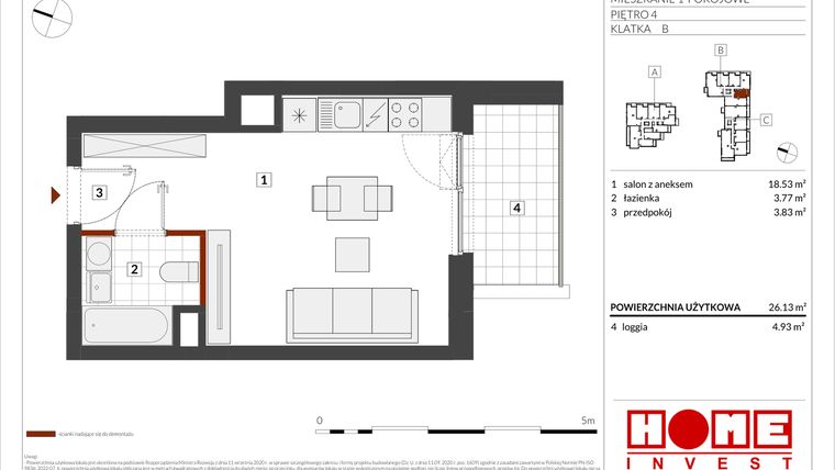 Rzut - Mieszkanie na sprzedaż 1 pokój o powierzchni 26,13 m² - numer B2-B097 w Warszawski Świt etap IX