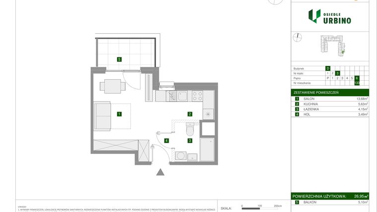 Rzut - Mieszkanie na sprzedaż 1 pokój o powierzchni 26,95 m² - numer 133 w Osiedle Urbino etap 1.4
