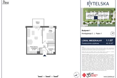 Rzut - Mieszkanie na sprzedaż 2 pokoje o powierzchni 45,19 m² - numer 1.1.07 w Rytelska