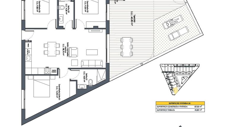 Rzut - Dom na sprzedaż 3 pokoje o powierzchni 87 m² - numer 33 w Domy w San Fulgencio - 46495750