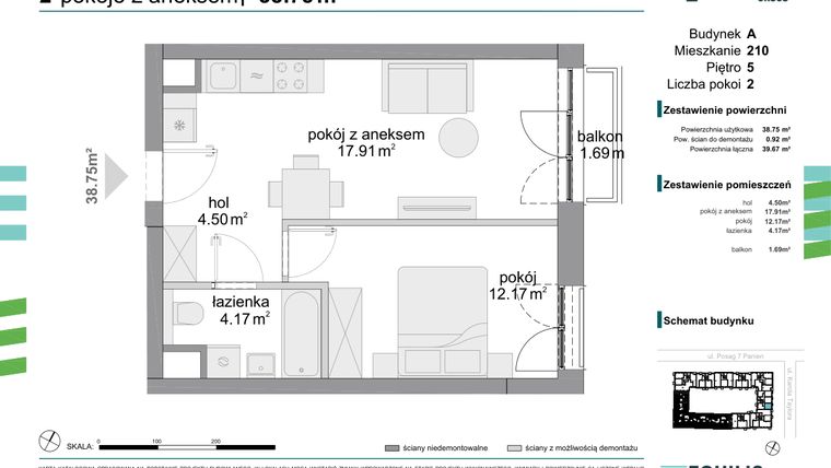 Rzut - Mieszkanie na sprzedaż 2 pokoje o powierzchni 38,75 m² - numer 210 w Osiedle Fokus Ursus