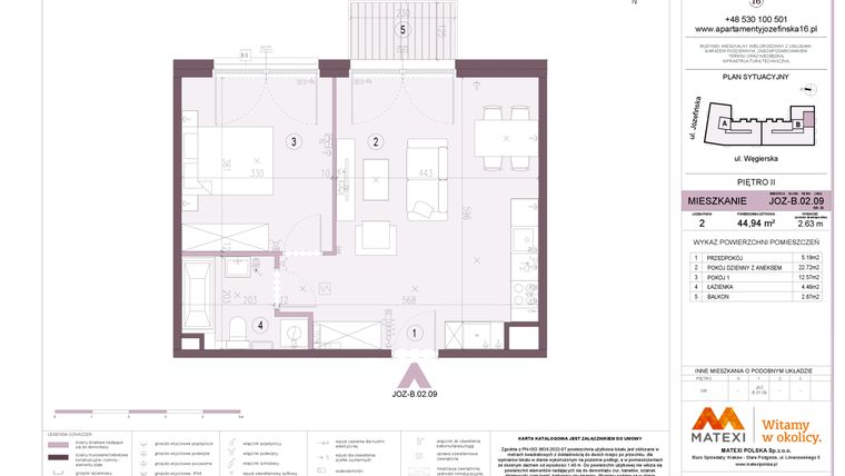 Rzut - Mieszkanie na sprzedaż 2 pokoje o powierzchni 44,94 m² - numer B.02.09 w Apartamenty Józefińska