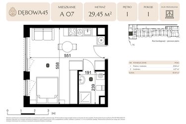 Rzut - Mieszkanie na sprzedaż 1 pokój o powierzchni 29,45 m² - numer A.07 w Dębowa 45