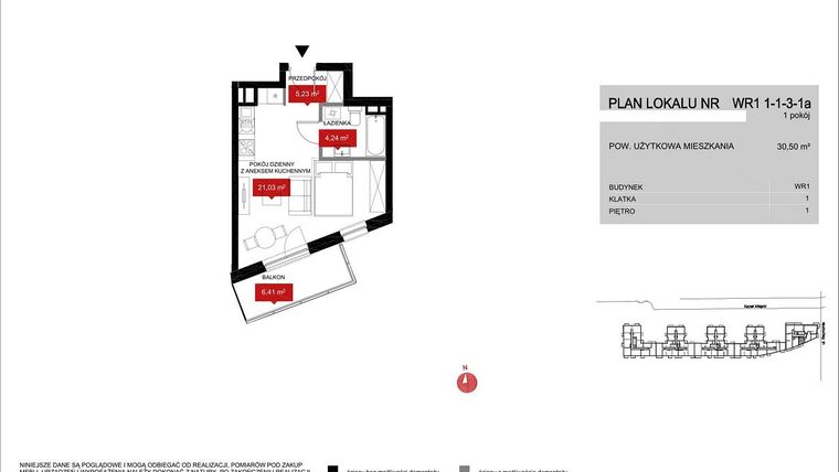 Rzut - Mieszkanie na sprzedaż 1 pokój o powierzchni 30,5 m² - numer WR1 1/1/3/1a w Przystań Reymonta