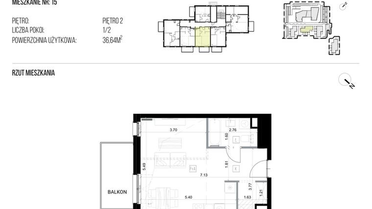 Rzut - Mieszkanie na sprzedaż 1 pokój o powierzchni 36,64 m² - numer 22H/15 w NATURAMA II