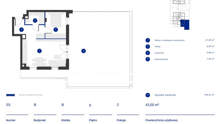 Rzut - Mieszkanie na sprzedaż 2 pokoje o powierzchni 43 m² - numer B.03 w Osiedle Inverso