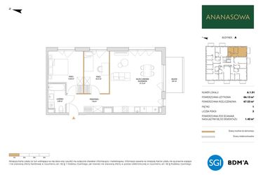 Rzut - Mieszkanie na sprzedaż 3 pokoje o powierzchni 67,53 m² - numer A.1.01 w Ananasowa