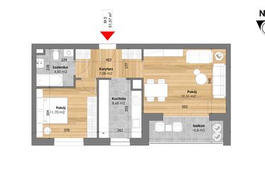 Rzut - Mieszkanie na sprzedaż 2 pokoje o powierzchni 51,57 m² - numer M5 w Przy Kochanowskiego