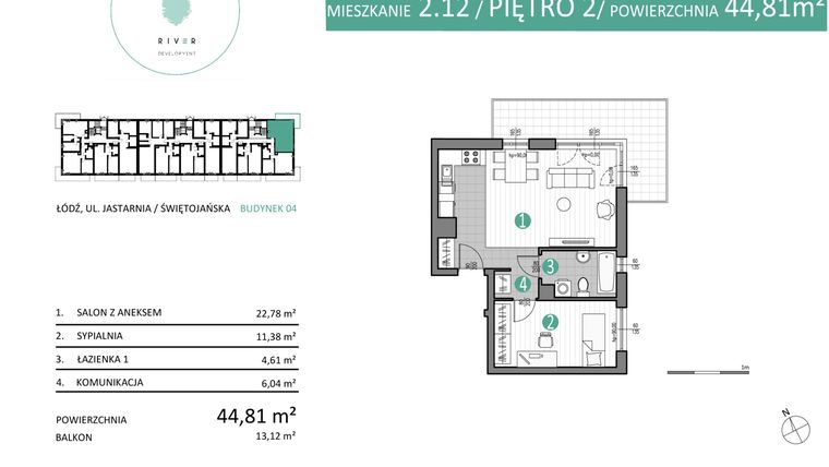 Rzut - Mieszkanie na sprzedaż 2 pokoje o powierzchni 44,81 m² - numer 04.2.12 w Port Jastarnia bud. 01, 04