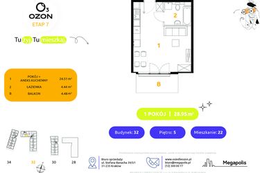 Rzut - Mieszkanie na sprzedaż 1 pokój o powierzchni 28,95 m² - numer 32.22 w Osiedle Ozon etap VII