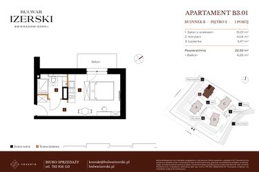 Rzut - Mieszkanie na sprzedaż 1 pokój o powierzchni 22,52 m² - numer B3.01 w Bulwar Izerski