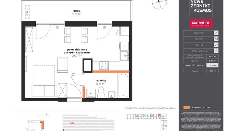 Rzut - Mieszkanie na sprzedaż 1 pokój o powierzchni 34,79 m² - numer A-07-11-K2 w Nowe Żerniki to KOSMOS