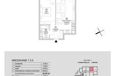 Rzut - Mieszkanie na sprzedaż 2 pokoje o powierzchni 42,03 m² - numer 7.3.5 w Osiedle Przyjemne IV