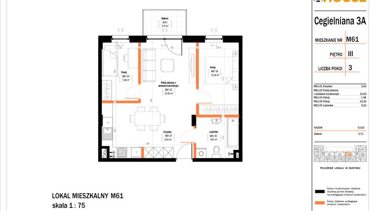 Rzut - Mieszkanie na sprzedaż 3 pokoje o powierzchni 54,22 m² - numer 61 w Osiedle StaLove etap II