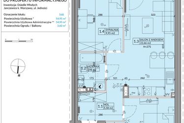 Rzut - Mieszkanie na sprzedaż 3 pokoje o powierzchni 54,95 m² - numer 56B w Osiedle Młodych etap IX
