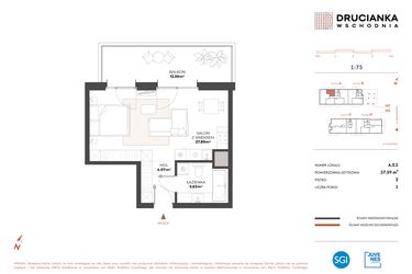 Rzut - Mieszkanie na sprzedaż 1 pokój o powierzchni 37,59 m² - numer A.2.5 w Drucianka Wschodnia