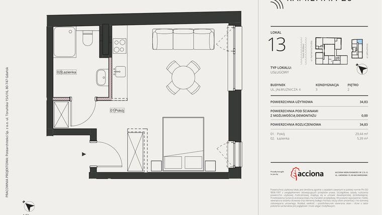 Rzut - Mieszkanie na sprzedaż 1 pokój o powierzchni 34,83 m² - numer 4.13 w Kamienna 28 - apartamenty inwestycyjne