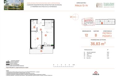 Rzut - Mieszkanie na sprzedaż 2 pokoje o powierzchni 36,83 m² - numer 12.12 w Osiedle Nowe Horyzonty etap III