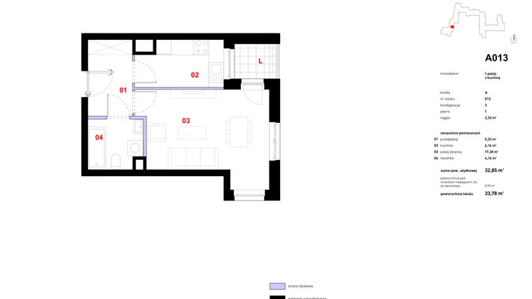 Rzut - Mieszkanie na sprzedaż 1 pokój o powierzchni 33,78 m² - numer A-013 w Zakątek Cybisa
