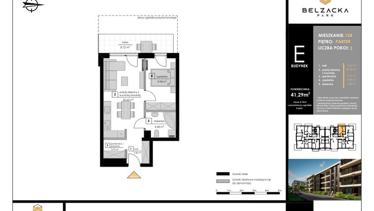 Rzut - Mieszkanie na sprzedaż 2 pokoje o powierzchni 41,29 m² - numer E.124 w Belzacka Park etap III