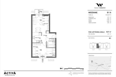 Rzut - Mieszkanie na sprzedaż 2 pokoje o powierzchni 48,37 m² - numer B1.16 w Tarasy Wierzycy