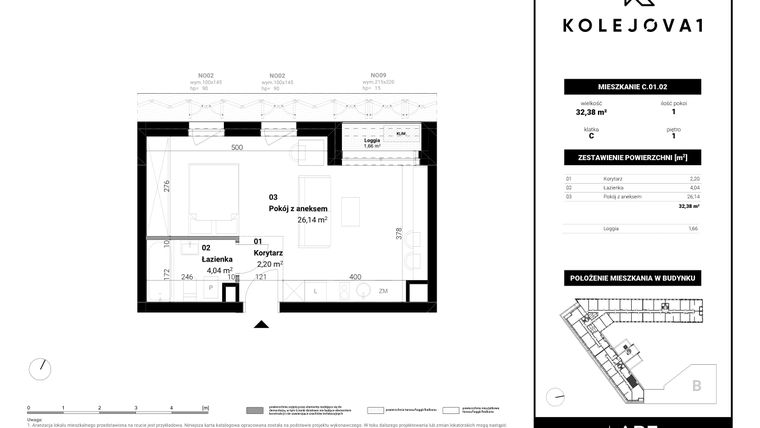 Rzut - Mieszkanie na sprzedaż 1 pokój o powierzchni 32,38 m² - numer C-01-02 w Kolejova 1