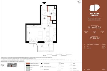 Rzut - Mieszkanie na sprzedaż 1 pokój o powierzchni 31,35 m² - numer K1.A.05.03 w Bulwary Praskie etap K i L